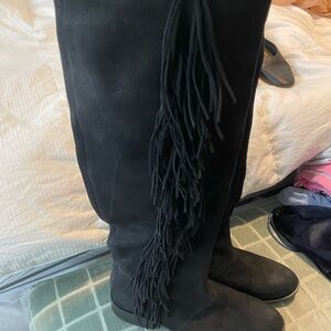 Sam Edelman Black Suede Fringe Knee-High Boots
